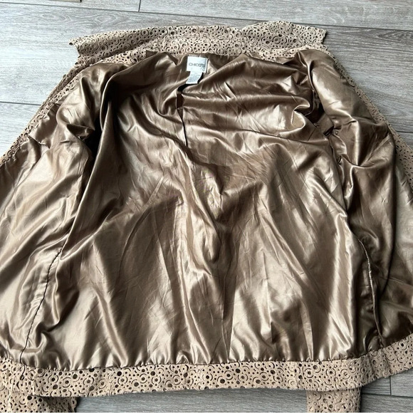 Chico's Tan Genuine Leather Laser Cutout Long Sleeve Open Front  Jacket - Picture 9 of 12
